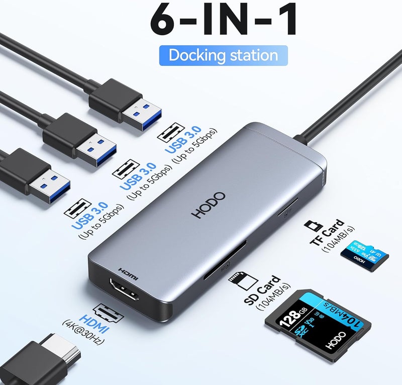 HOdo USB-C Hub Multiport Adapter for MacBook Air/Pro - 6 in 1 HDMI Dongle with 4K, USB 3.0 Ports, SD/TF Card Reader for MacBook m1/m2/m3/m4, Dell XPS, HP, Lenovo, Surface and Other Type-C Devices - Image 2
